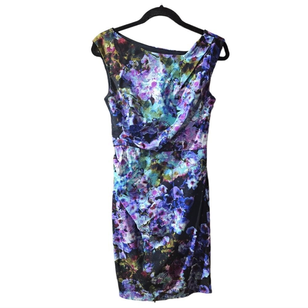 IVY & BLU FOR MAGGIE BOUTIQUE Black Purple Floral Ruched Midi‎ Dress - Size 4